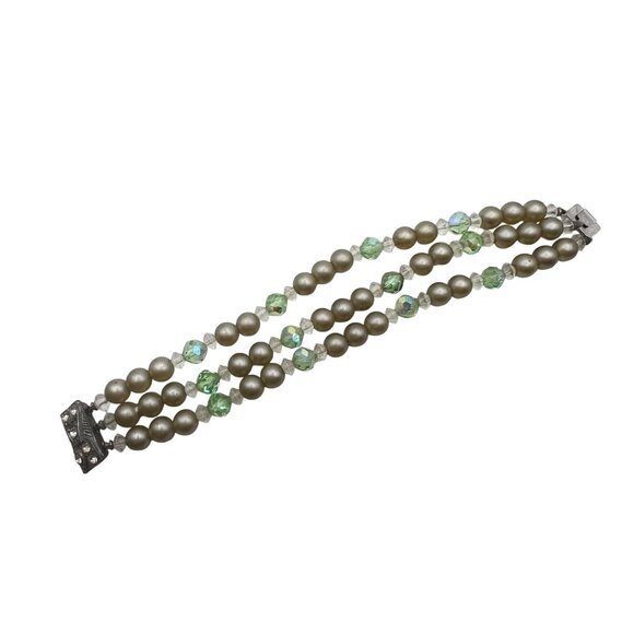 Vintage Faux Pearl Green Crystal Bracelet Rhinestone Box Clasp MCM 1940s-1950s - Picture 7 of 12